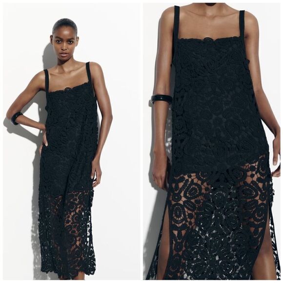 Zara Macrame Knit Dress Black New - Picture 2 of 9